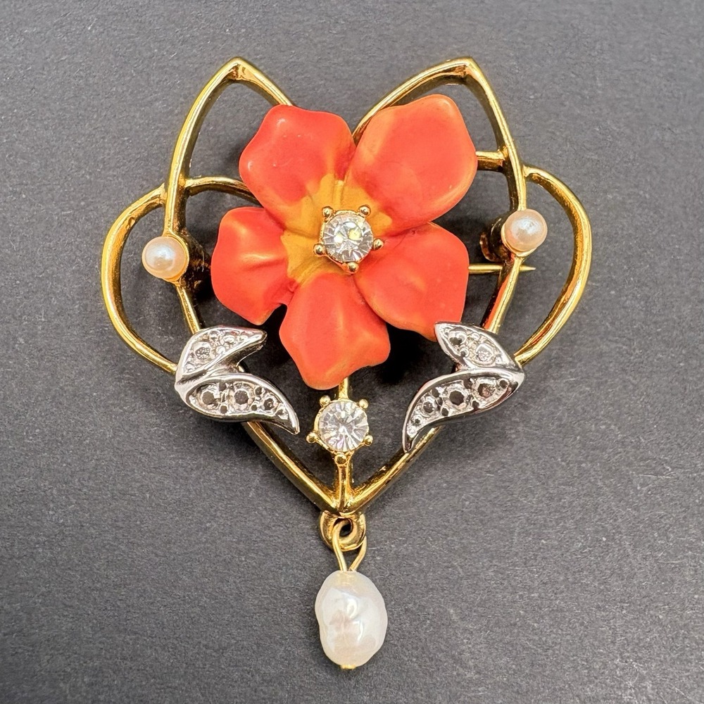Vintage Joan Rivers Flower Floral Faux Pearl Rhinestone Two Tone Brooch Pin 1.5"